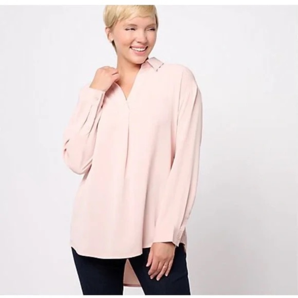 GIRL WITH CURVES Faux Silk Collard Hi-Low Hem Blouse A615267